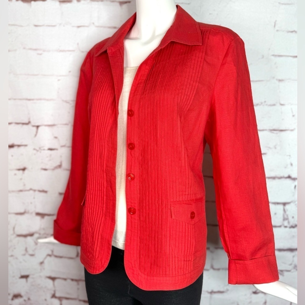 JONES NY 14P Petite Reddish Orange 100% Linen Pin Tuck Design Blazer Jacket - Picture 8 of 11
